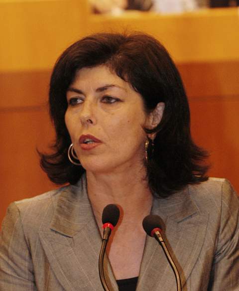 Portret van Joëlle Milquet, Belgische politica in 2004